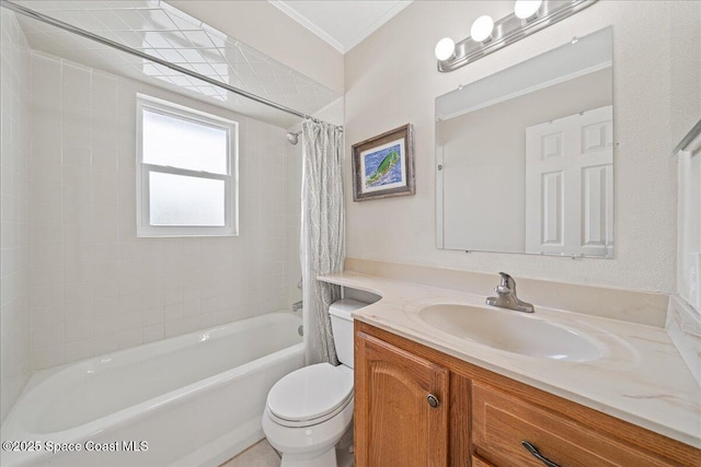 609 Tallwood Cir, Melbourne, FL 32904 - full bathroom featuring vanity, shower / bathtub combination with curtain, toilet, and ornamental molding