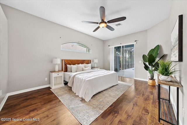 2465 Tuscarora Ct, Melbourne, FL 32904 - bedroom with access to outside, wood finished floors, baseboards, and ceiling fan