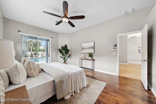 2465 Tuscarora Ct, Melbourne, FL 32904 - bedroom with wood finished floors, access to outside, baseboards, and ceiling fan