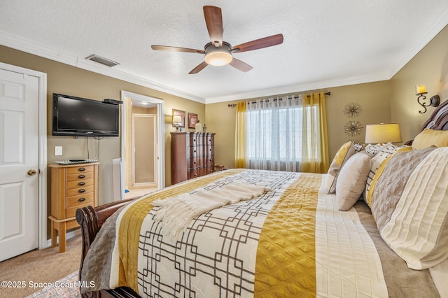 109 Plover Ln Unit 4-35, Rockledge, FL 32955 - bedroom featuring light carpet, ornamental molding, a ceiling fan, and a textured ceiling