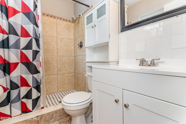 2109 Ivy Dr, Cocoa, FL 32922 - full bathroom featuring vanity, tiled shower, toilet, and decorative backsplash