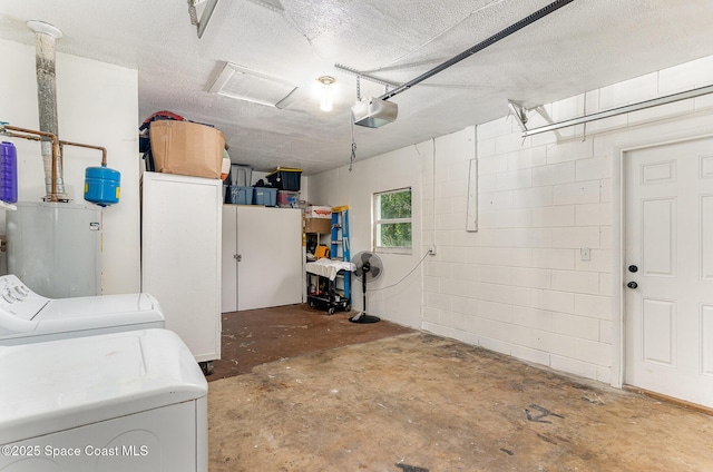2109 Ivy Dr, Cocoa, FL 32922 - garage with washer and clothes dryer, water heater, concrete block wall, and a garage door opener