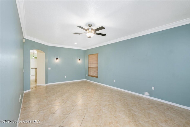 4843 Erin Ln, Melbourne, FL 32940 - empty room with arched walkways, ceiling fan, ornamental molding, baseboards, and light tile patterned flooring