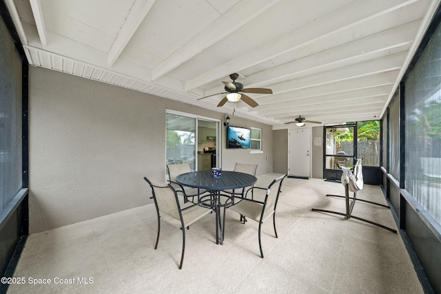 1941 Dawn Dr, Melbourne, FL 32935 - sunroom with ceiling fan, beam ceiling, and outdoor dining area