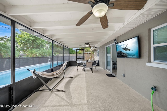 1941 Dawn Dr, Melbourne, FL 32935 - sunroom / solarium with beamed ceiling, ceiling fan, and outdoor dining space