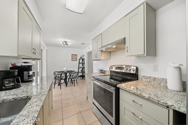 1941 Dawn Dr, Melbourne, FL 32935 - kitchen with stainless steel electric range, extractor fan, light stone countertops, light tile patterned floors, and a sink
