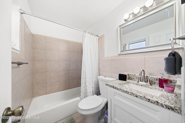 1941 Dawn Dr, Melbourne, FL 32935 - bathroom featuring tile walls, vanity, shower / bath combination with curtain, and toilet