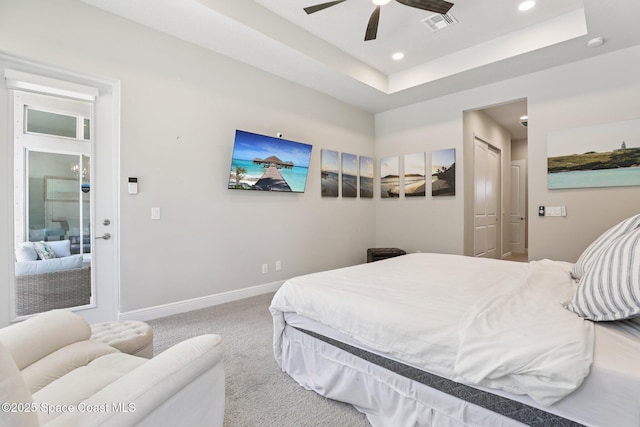 1025 Aranceto Cir, Merritt Island, FL 32952 - bedroom with carpet, recessed lighting, a raised ceiling, and ceiling fan