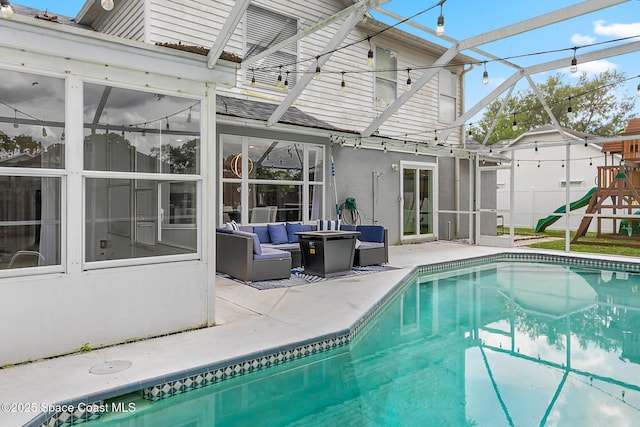4236 Pondapple Dr, Titusville, FL 32796 - outdoor pool featuring an outdoor hangout area, a patio area, a playground, and a lanai