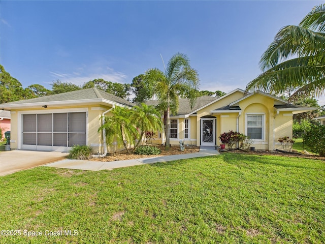187 S Wimbrow Dr, Sebastian, FL 32958 - ranch-style house with stucco siding, concrete driveway, an attached garage, and a front lawn