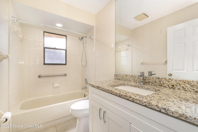 3137 Village Park Dr, Melbourne, FL 32934 - bathroom with vanity, shower / bath combination, toilet, and tile patterned flooring