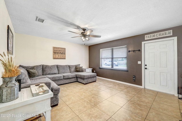 946 Stage St SE, Palm Bay, FL 32909 - living room with a ceiling fan, a textured ceiling, and light tile patterned floors