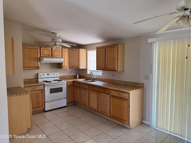 2262 Port Malabar Blvd NE, Palm Bay, FL 32905 - kitchen with electric stove, ceiling fan, a sink, under cabinet range hood, and light tile patterned flooring
