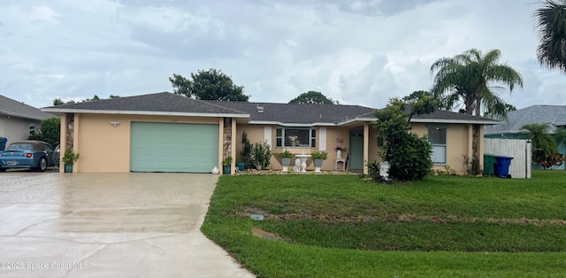 985 George St, Sebastian, FL 32958 - ranch-style house with concrete driveway, a garage, stucco siding, and a front yard