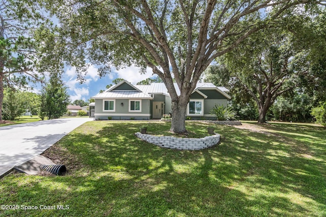 4027 Secretariat Ln, Malabar, FL 32950 - ranch-style home featuring driveway, metal roof, a front yard, and a standing seam roof