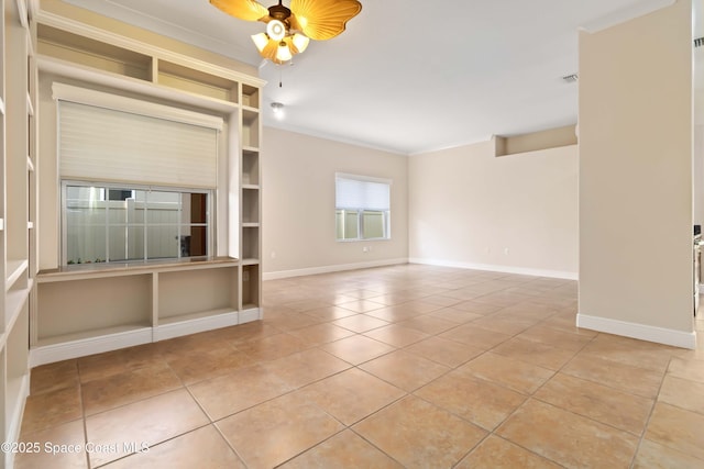 3140 Constellation Dr, Melbourne, FL 32940 - unfurnished living room featuring ceiling fan, tile patterned floors, crown molding, and baseboards
