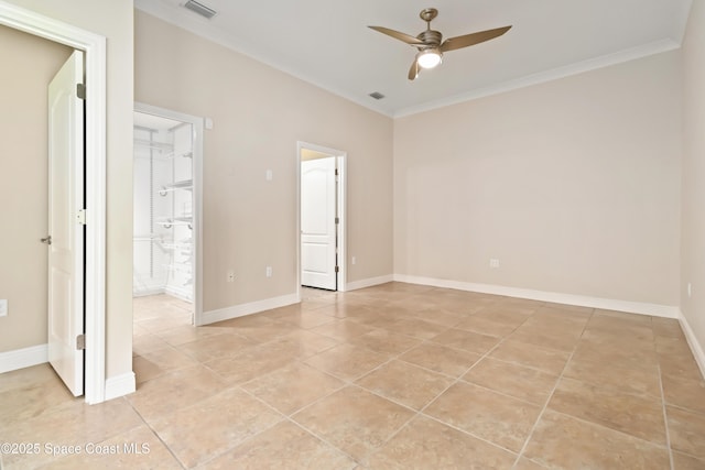 3140 Constellation Dr, Melbourne, FL 32940 - empty room with light tile patterned floors, ceiling fan, ornamental molding, and baseboards
