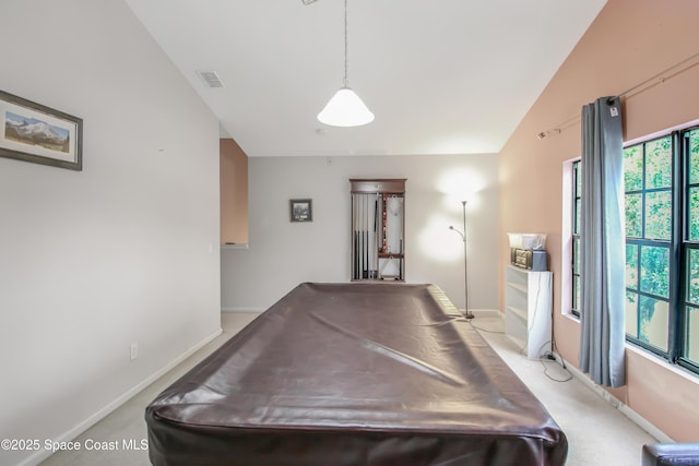 4345 Millicent Cir, Melbourne, FL 32901 - recreation room with billiards table, baseboards, lofted ceiling, and light carpet