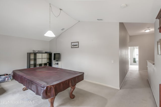 4345 Millicent Cir, Melbourne, FL 32901 - game room with light colored carpet, vaulted ceiling, pool table, and baseboards