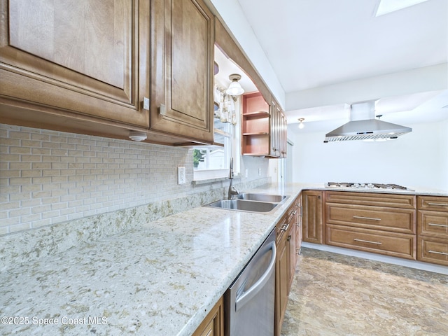 2115 Otterbein Ave, Cocoa, FL 32926 - kitchen featuring wall chimney exhaust hood, a sink, stainless steel dishwasher, gas cooktop, and open shelves