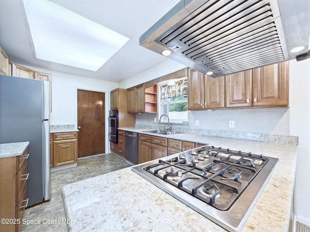 2115 Otterbein Ave, Cocoa, FL 32926 - kitchen featuring exhaust hood, appliances with stainless steel finishes, a sink, open shelves, and brown cabinets