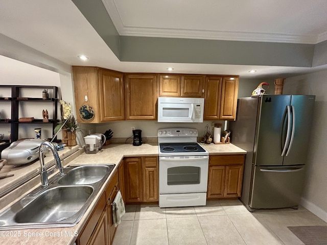 2915 Kirkland Rd NE, Palm Bay, FL 32905 - kitchen featuring white appliances, a sink, brown cabinetry, ornamental molding, and light countertops