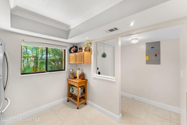 2915 Kirkland Rd NE, Palm Bay, FL 32905 - corridor with electric panel, ornamental molding, recessed lighting, and light tile patterned flooring
