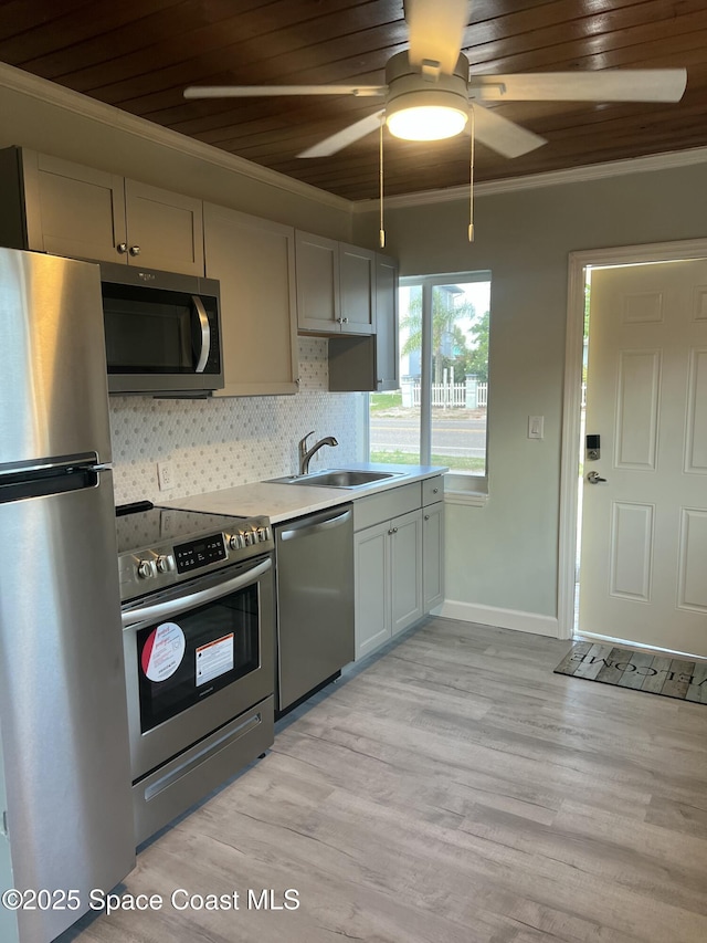 6409 Ridgewood Ave Unit 6409, Cocoa Beach, FL 32931 - kitchen featuring stainless steel appliances, a sink, ceiling fan, ornamental molding, and light wood-style flooring