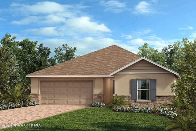 724 Hatton Ln SE, Palm Bay, FL 32909 - ranch-style home featuring stone siding, decorative driveway, an attached garage, a front lawn, and stucco siding