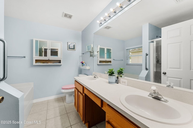 775 Triple Crown Ln, Melbourne, FL 32904 - bathroom featuring a bath, double vanity, a shower stall, baseboards, and toilet