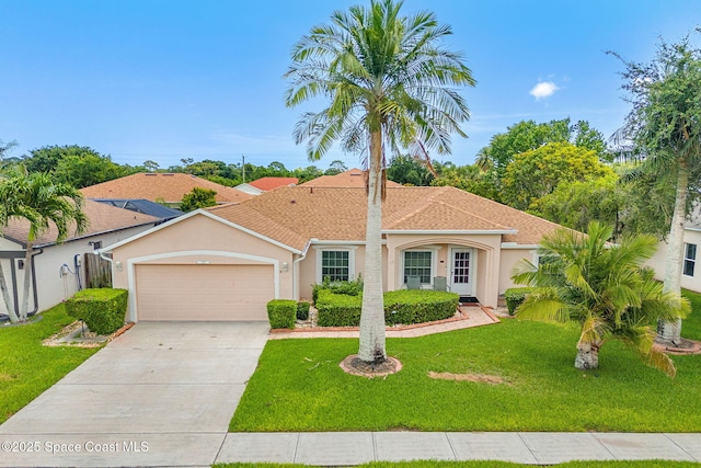 775 Triple Crown Ln, Melbourne, FL 32904 - mediterranean / spanish home featuring stucco siding, an attached garage, driveway, and a front lawn
