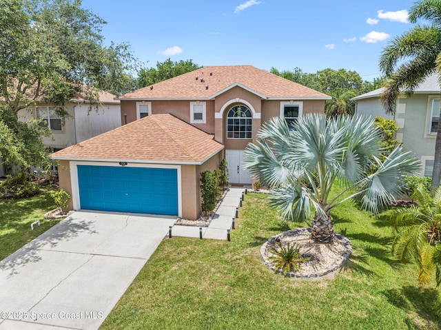 5256 Mansford Pl, Melbourne, FL 32940 - view of front facade featuring stucco siding, a front lawn, an attached garage, and a shingled roof