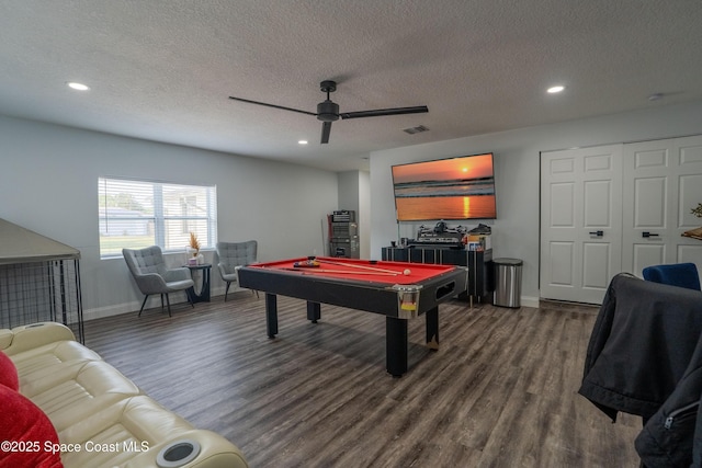 629 Tupelo Dr, Melbourne, FL 32935 - recreation room featuring ceiling fan, pool table, dark wood finished floors, a textured ceiling, and recessed lighting