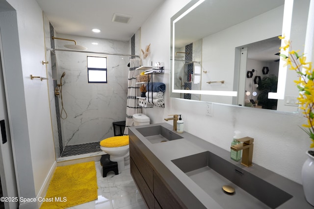 629 Tupelo Dr, Melbourne, FL 32935 - full bathroom featuring toilet, marble look tiles, a marble finish shower, double vanity, and recessed lighting
