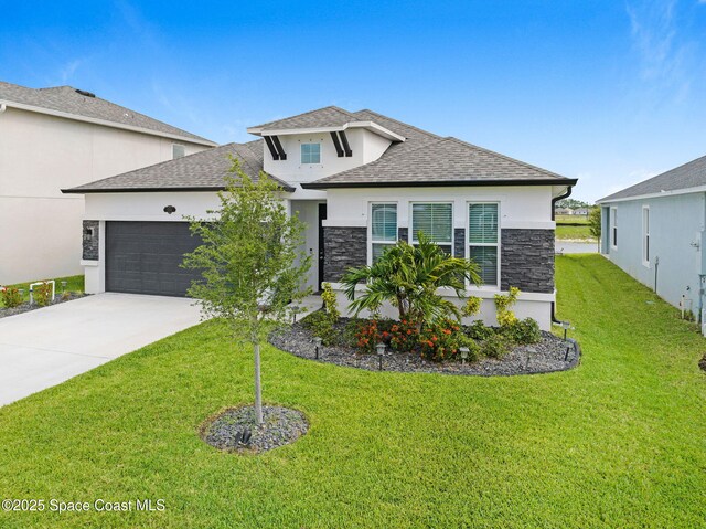 2365 Roygaris St NW, Palm Bay, FL 32907 - view of front of property with a garage, a shingled roof, stone siding, stucco siding, and driveway