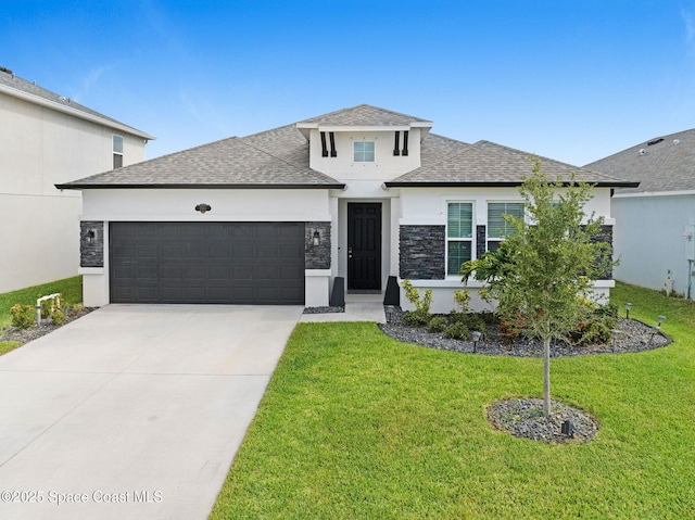2365 Roygaris St NW, Palm Bay, FL 32907 - view of front facade featuring stucco siding, an attached garage, a front yard, and concrete driveway