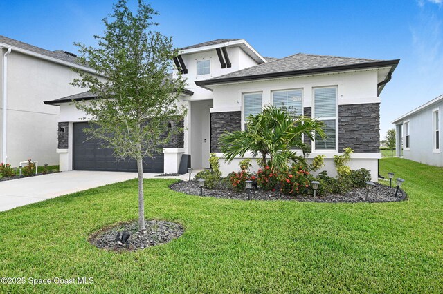 2365 Roygaris St NW, Palm Bay, FL 32907 - view of front of property featuring concrete driveway, stone siding, a front lawn, and stucco siding