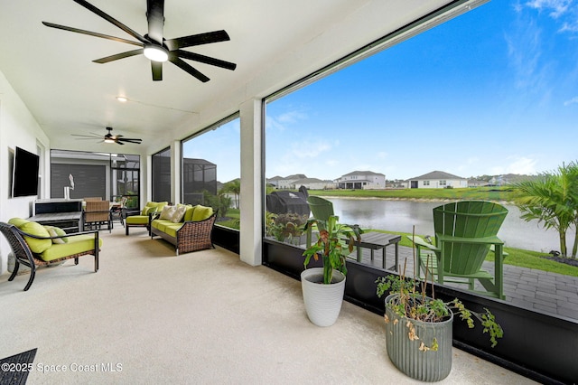 2365 Roygaris St NW, Palm Bay, FL 32907 - sunroom featuring ceiling fan, an outdoor hangout area, a water view, and a residential view