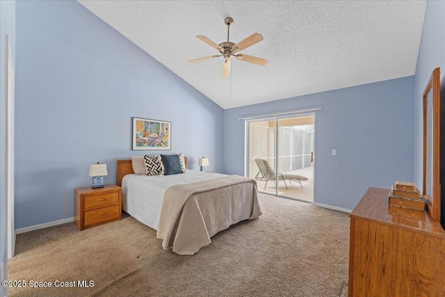 1090 Spring Oak Dr, Melbourne, FL 32901 - bedroom with access to outside, carpet, a textured ceiling, high vaulted ceiling, and a ceiling fan