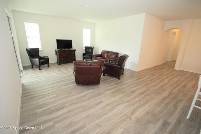 8342 Laguna Cir, Micco, FL 32976 - living room with arched walkways, light wood-type flooring, and baseboards