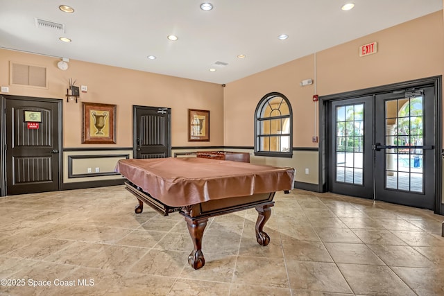 681 Ventura Dr, Satellite Beach, FL 32937 - playroom featuring french doors, recessed lighting, billiards, and baseboards