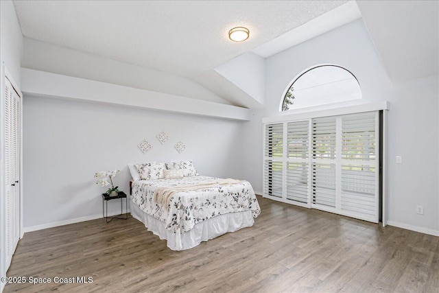 817 Seven Gables Cir SE, Palm Bay, FL 32909 - bedroom with access to outside, wood finished floors, baseboards, and high vaulted ceiling