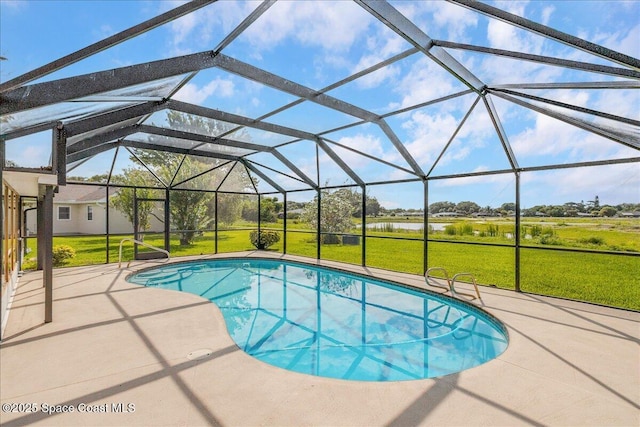 1181 Fairway Ct NE, Palm Bay, FL 32905 - swimming pool featuring a lawn, a patio, a water view, and a lanai
