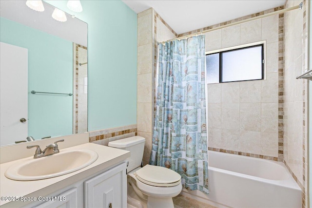 1181 Fairway Ct NE, Palm Bay, FL 32905 - full bathroom with toilet, shower / tub combo with curtain, vanity, and tile walls