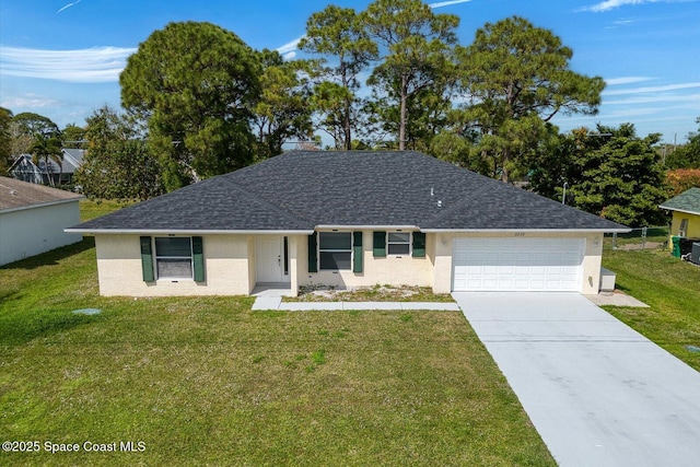 2829 SE Cabana Ln, Port St Lucie, FL 34952 - ranch-style home with a garage, stucco siding, a front yard, and roof with shingles