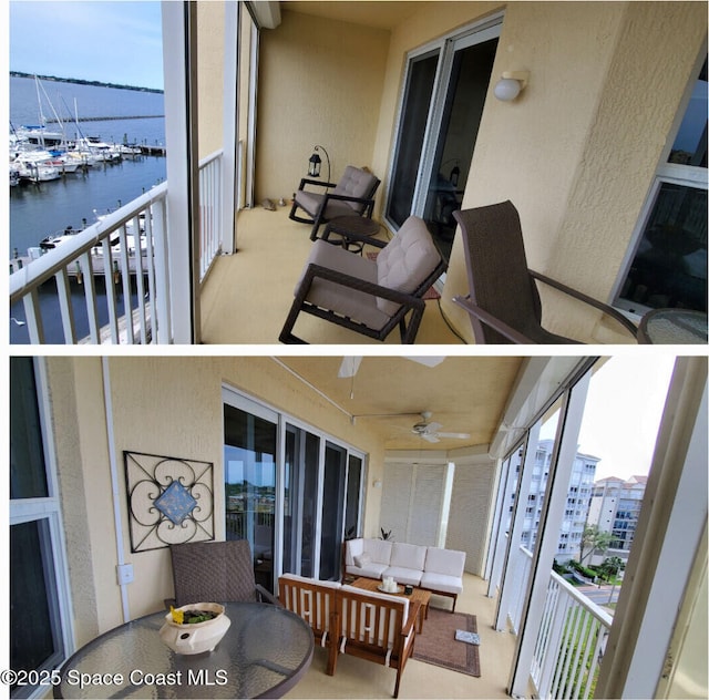93 Delannoy Ave Unit 601, Cocoa, FL 32922 - balcony featuring outdoor lounge area, a ceiling fan, and a water view