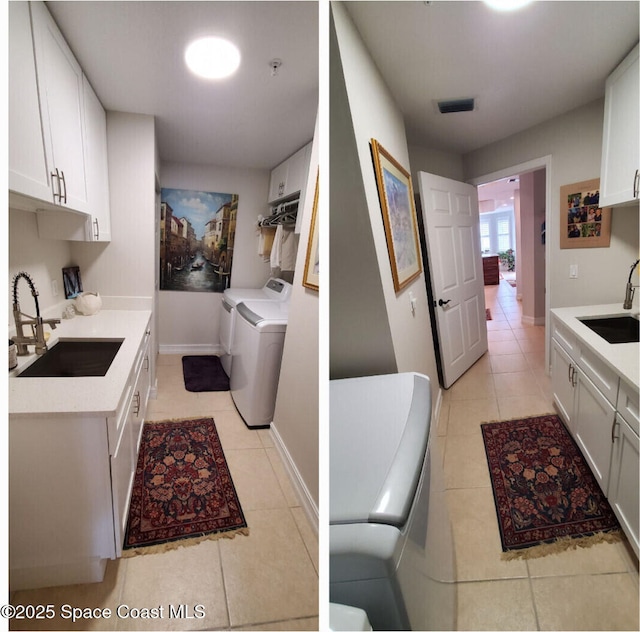 93 Delannoy Ave Unit 601, Cocoa, FL 32922 - laundry room featuring cabinet space, washer and clothes dryer, and light tile patterned floors