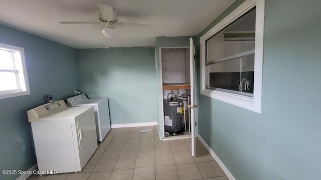 1666 Terrace St, Cocoa, FL 32922 - washroom with separate washer and dryer, electric water heater, ceiling fan, light tile patterned floors, and baseboards