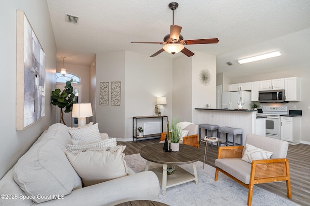 1102 Bainbury Ln, Melbourne, FL 32904 - living room featuring wood finished floors, ceiling fan, vaulted ceiling, and a textured ceiling
