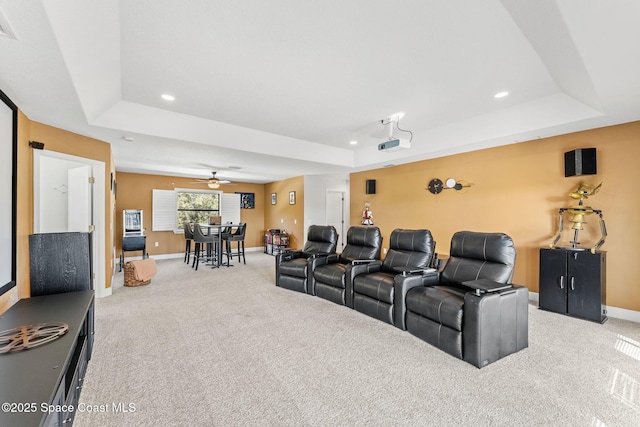 4022 Tradewinds Trl, Merritt Island, FL 32953 - cinema featuring a tray ceiling, carpet, a ceiling fan, and recessed lighting